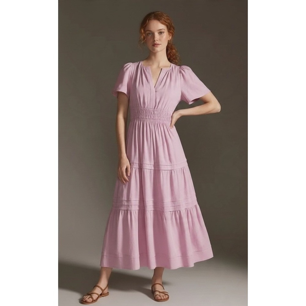 Anthropologie Somerset Linen Blend Dress Medium Lilac Tiered Maxi Cottagecore